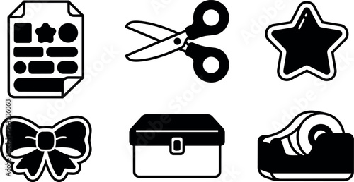 Black and white craft supplies icons set with scissors bow star tape and box