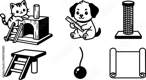 Black and white line art cat on ladder and puppy with ruler