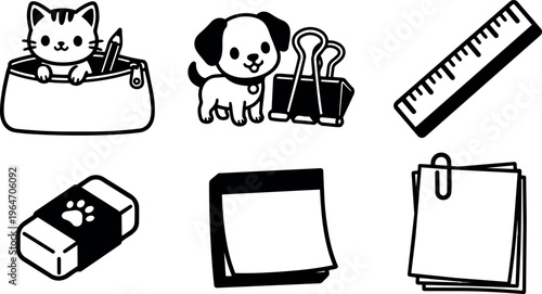 Cute cat in pencil case and dog with paper clips with school supplies line art
