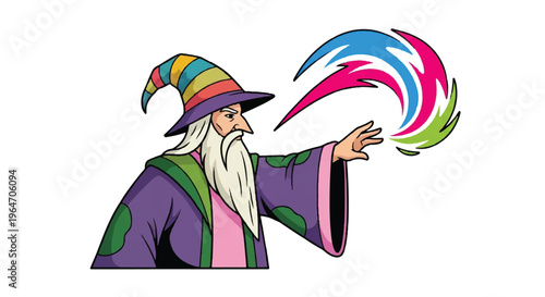 Cartoon wizard conjuring colorful energy isolated white