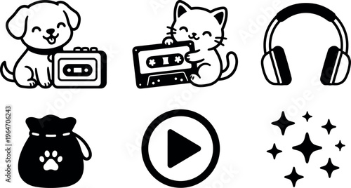 Cute puppy with cassette cat holding tape headphones play button and paw bag icons