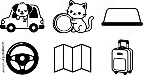 Black and white pet car travel icons with cat, dog, steering wheel, map, suitcase, and pet bowl