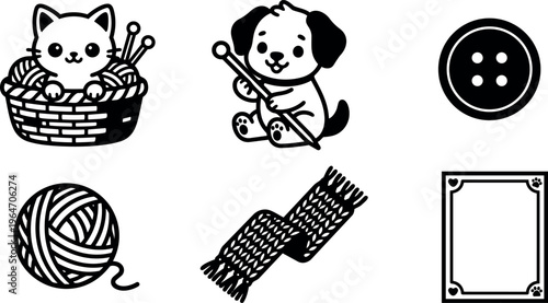 Cute cat in yarn basket and dog knitting with button ball and scarf line art