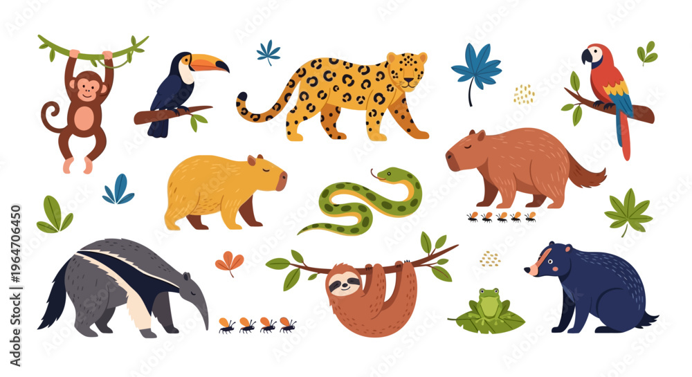 Fototapeta premium Vibrant vector illustration of various amazon jungle animals on a white background. isolated on transparent background, isolated on white background, Vector