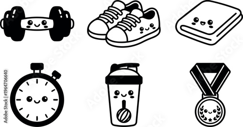Black and white cute fitness icons dumbbell sneakers towel stopwatch shaker medal