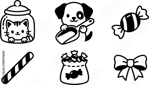 Black and white line art cute cat in jar puppy with scoop sweet candies and ribbon