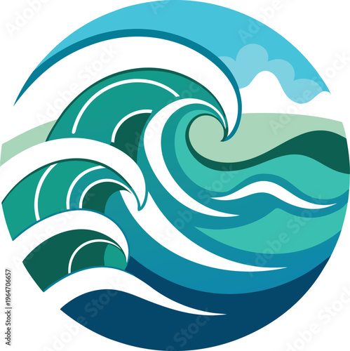 Illustration of a large ocean wave with blue hues and white highlights in a circular frame