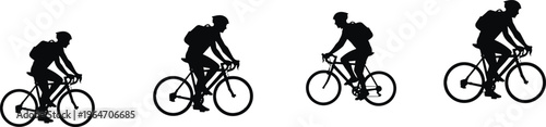 Cyclist with backpack silhouettes set commuting biking urban transport vector illustration isolated black design collection