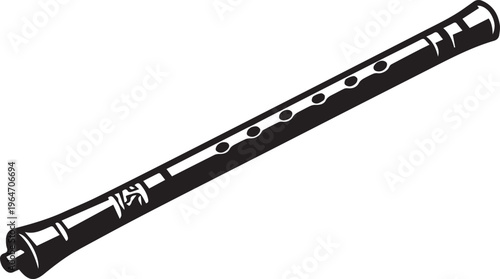 A simple black and white vector illustration of a traditional woodwind flute musical instrument Vector, illustration
