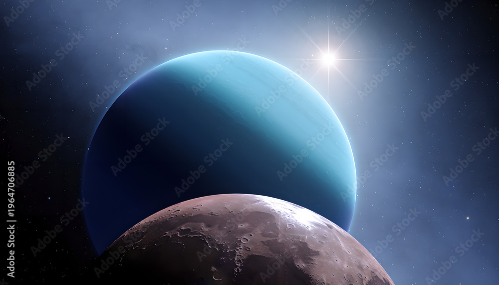 Obraz premium Blue gas giant planet and cratered moon in deep space illuminated by a distant star.