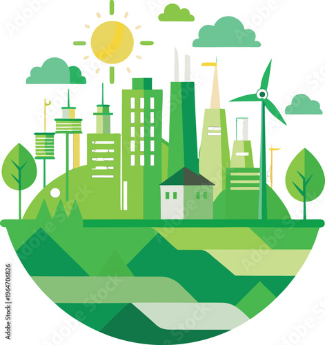 Green cityscape with eco friendly buildings and renewable energy sources