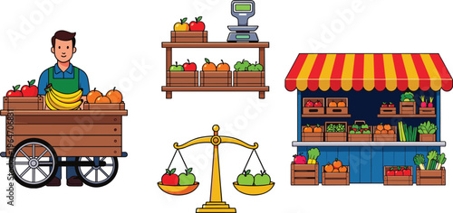 Fruit market vendor cartoon set fresh produce stall scale grocery shop vector illustration colorful design