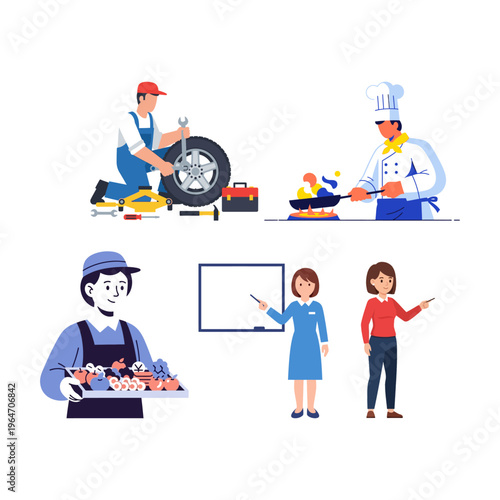 Diverse Professional Roles and Skilled Occupations in Modern Flat Design Illustration Collection