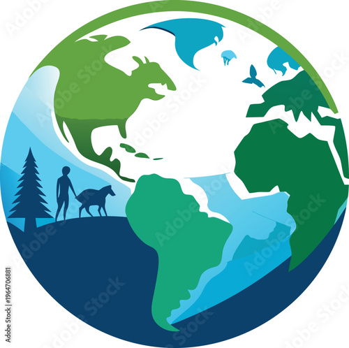 Earth globe illustration with animals and human on land  eco concept