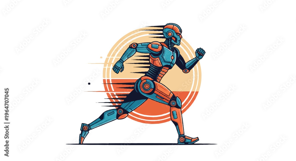 Fototapeta premium Running robot illustration with retro sunburst and copy space