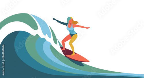 Photography Woman surfing ocean wave with vector illustration