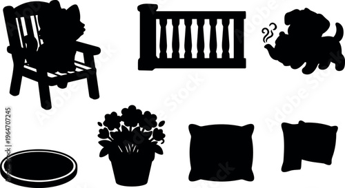 Black silhouette puppy sitting on wooden chair with teapot flower pot and pillows