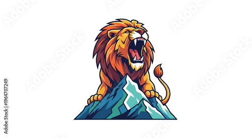 Roaring lion illustration on mountain peak against white background