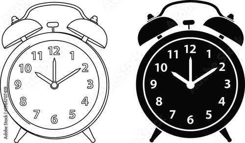 Vector illustration of two classic twin-bell alarm clocks showing 10:10, one outlined and one solid silhouette, symbolizing vintage timepiece artwork, retro design, and decorative graphic elements