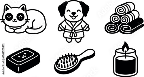 Black and white spa icons cat dog towel soap brush candle vector art