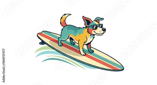 Dog surfing illustration with sunglasses and surfboard