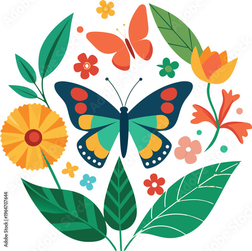 Colorful butterflies and flowers arrangement with leaves and buds