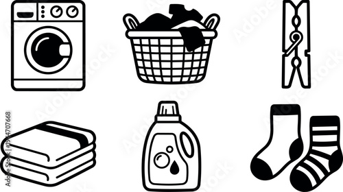 Black and white laundry basket washing machine detergent and clothesline icons