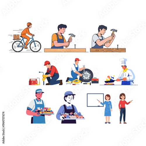Diverse Professions Represented by Illustrations of People Working in Various Roles