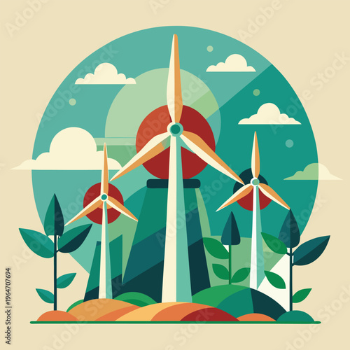 Wind turbines generating clean energy in a natural landscape with plants and sunny sky