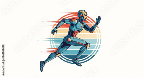 Running robot illustration against sunset circle