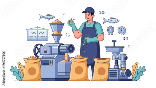 Fish Farm Production: This illustration depicts a fish farmer at work, surrounded by industrial equipment and the tools of his trade, in a modern, streamlined fish farm.