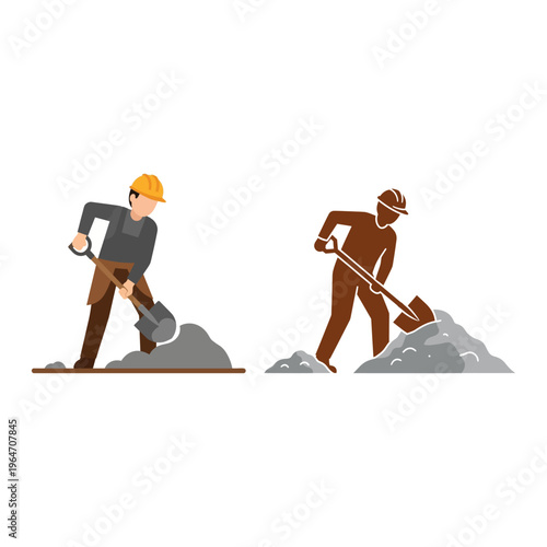 Construction workers with shovels digging and moving dirt and gravel