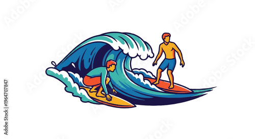 Surfers riding ocean wave illustration
