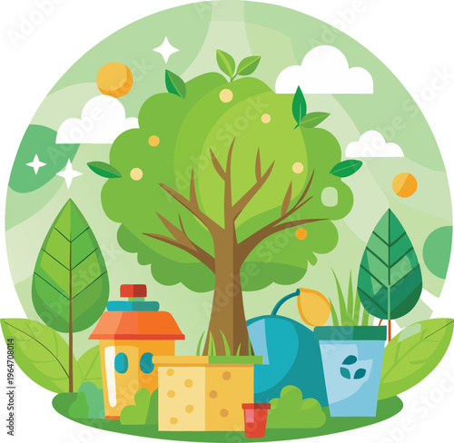 Cartoon tree with gardening tools and house in landscape