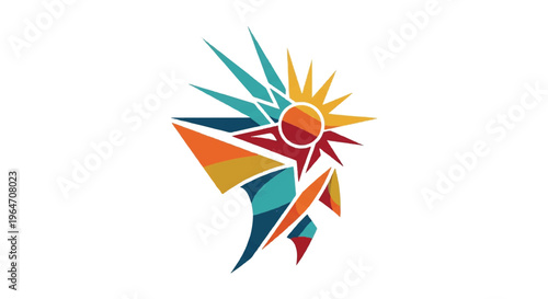 Abstract geometric design with colorful elements and sunlight motif