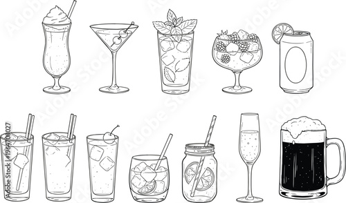 Cocktail and drink vector illustration set featuring hand drawn summer beverages alcoholic mixed drinks beer and soda for restaurant menus and bar promotional materials.