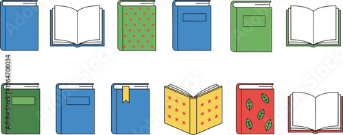 Colorful book vector illustration set featuring open and closed textbooks with decorative covers for school education library reading and bookstore promotional materials.
