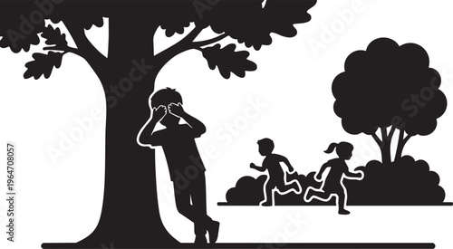 Children playing hide-and-seek, a timeless outdoor game fostering social interaction and imaginative play amidst natural surroundings