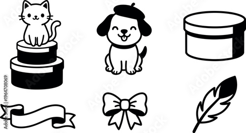 Black and white line art cute cat dog hat hatbox ribbon bow and feather