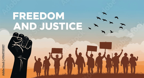 People protesting with raised fists and signs freedom and justice at sunset with birds flying