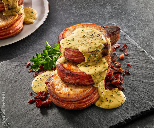 Dripping creamy dijon sauce covers a stack of seared bacon wrapped pork chops on a dark slate board