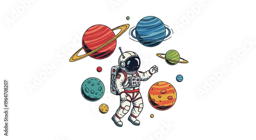 Astronaut floating amongst colorful planets in space illustration