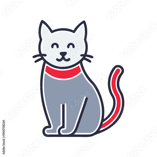 Sitting Black Cat Icon with Red Collar for Pet Care Service and Halloween Season