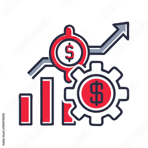 Business Analytics Icon with Gears and Dollar Sign for Fintech Data Science Planning