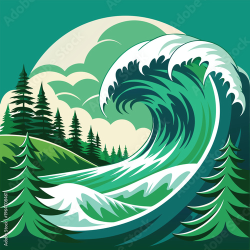 Green wave crashing on shore with pine trees and clouds