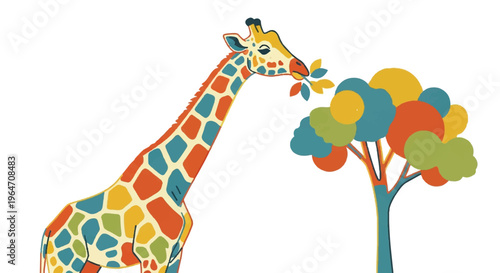 Colorful giraffe eating leaves by tree vector illustration