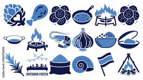 National Spanish Paella Day Icon Set Flat Vector Illustration on Transparent Background