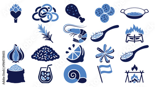 National Spanish Paella Day Icon Set Flat Vector Illustration on Transparent Background