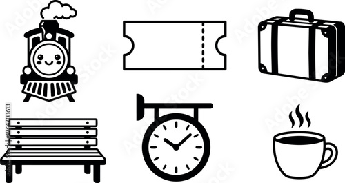 Black and white flat design train ticket suitcase park bench clock cup icons
