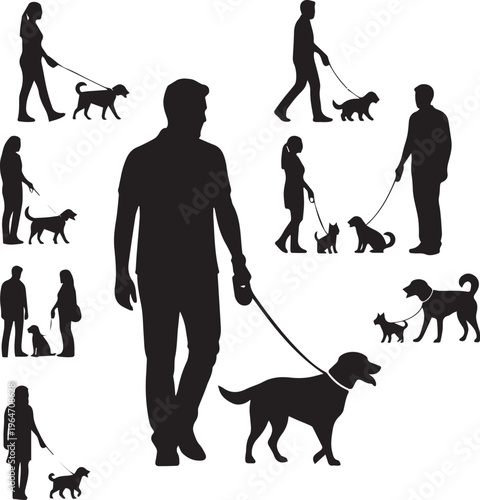 People walking dogs in park silhouettes various sizes.